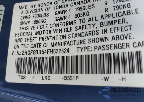 2015 Honda Civic Lx из США, поврежденный, VIN 2HGFG3B54FH522524